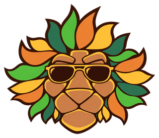 The Dutch-Smart mascot, a lion head with a mane of leaves and sunglasses